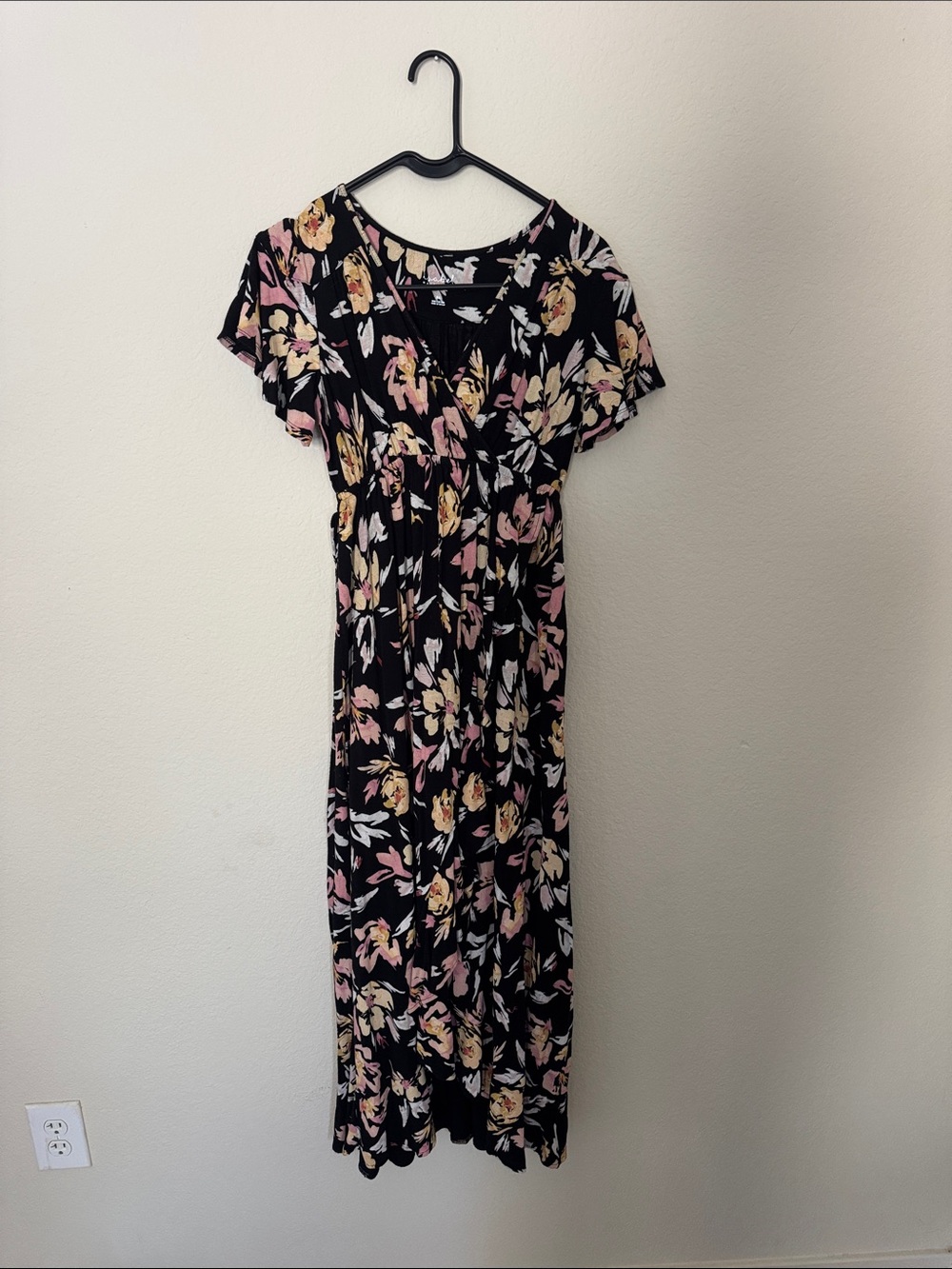 Maternity Black Floral Midi Dress with Pink and Cream Blooms